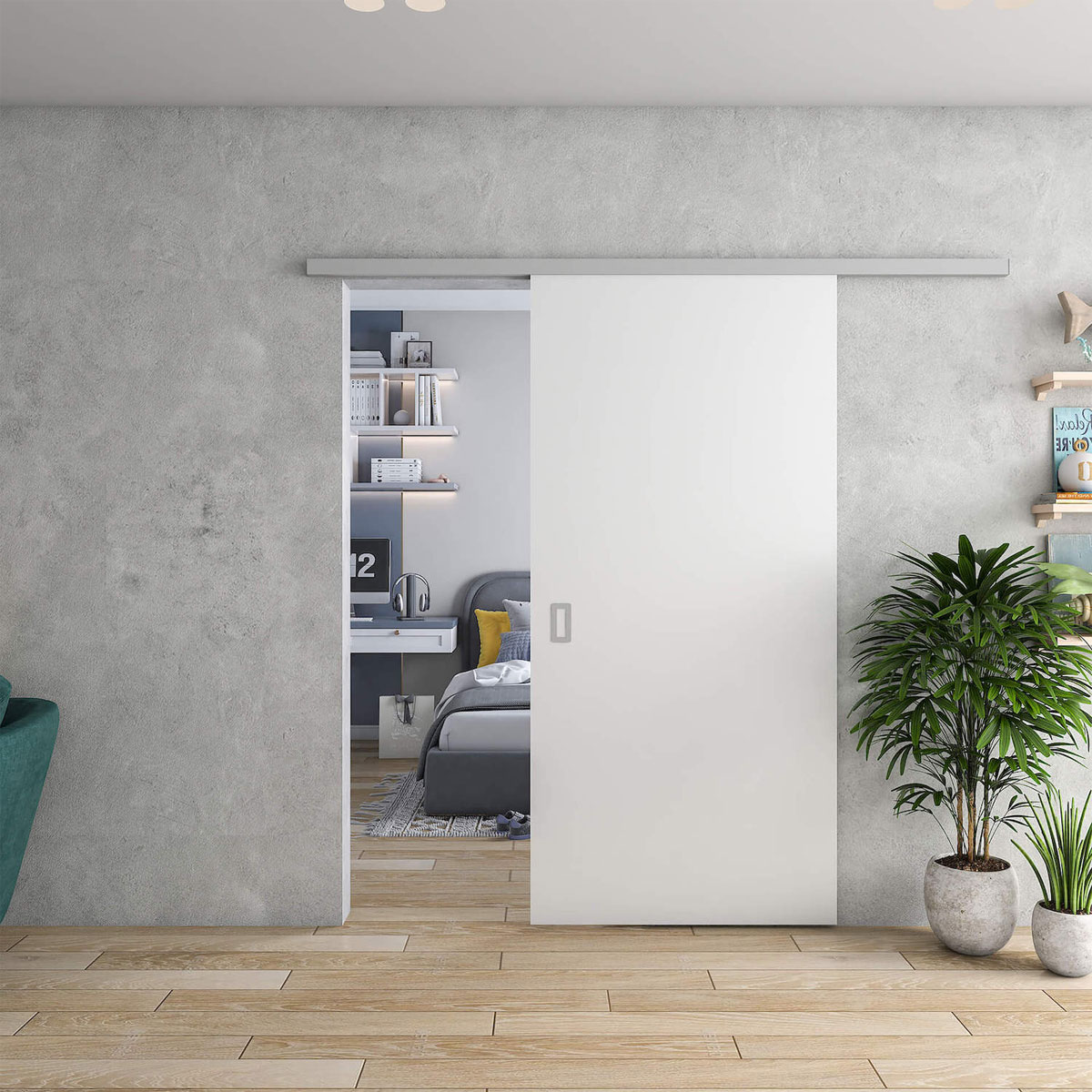 Hibitaro  Rahmenlose Holzschiebetür HS-Komplett 900 x 2035 mm Türflügel in Weiß Wandmontage inkl Distanzprofil | 90 | 203,5 | 112784
