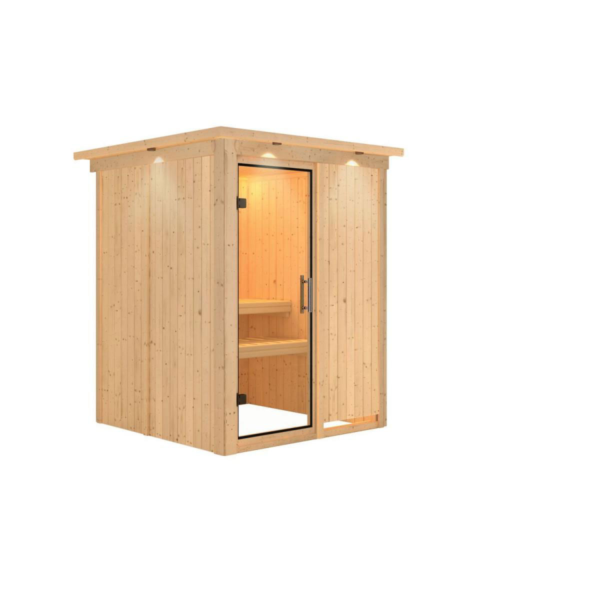 Karibu Sauna Norin Fronteinstieg ohne Ofen mit Kranz Klarglastür | ohne Ofen | Klarglastür | Ja | 221730