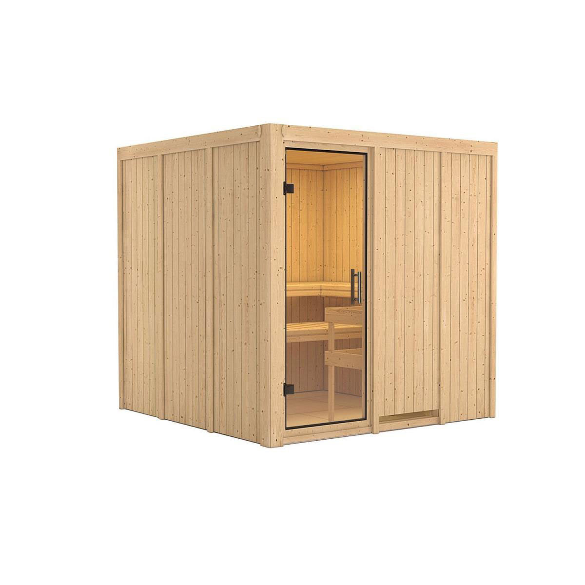 Karibu Sauna Rodin Fronteinstieg ohne Ofen kein Kranz Klarglas-Tür | ohne Ofen | Klarglastür | Nein | 222044
