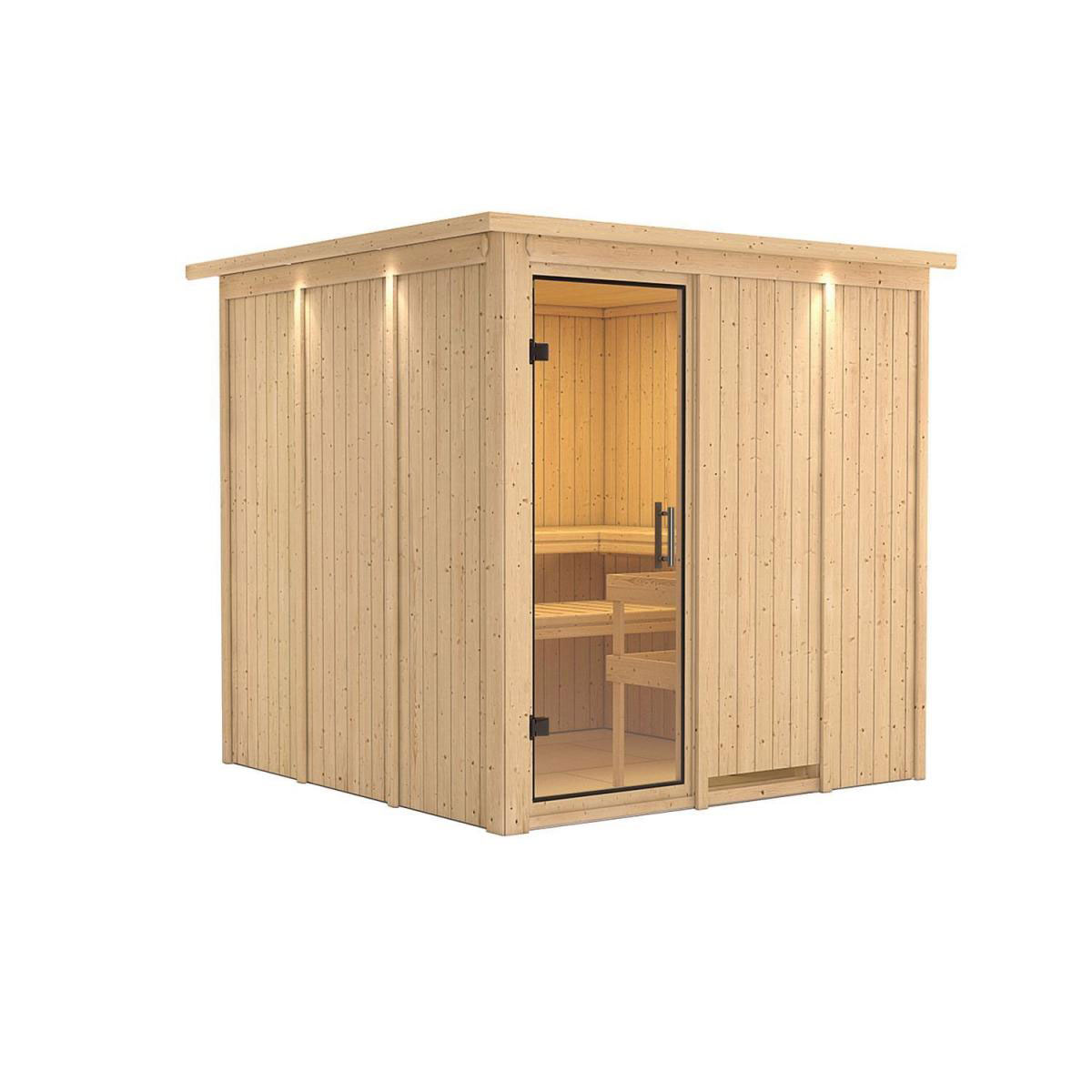 Karibu Sauna Rodin Fronteinstieg ohne Ofen mit Kranz Klarglas-Tür | ohne Ofen | Klarglastür | Ja | 222049