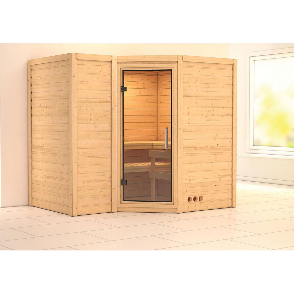 Karibu Sauna Sahib 2 Eckeinstieg ohne Ofen kein Kranz Klarglas-Tür | ohne | Klarglastür | Nein | 222144 – Bild 4