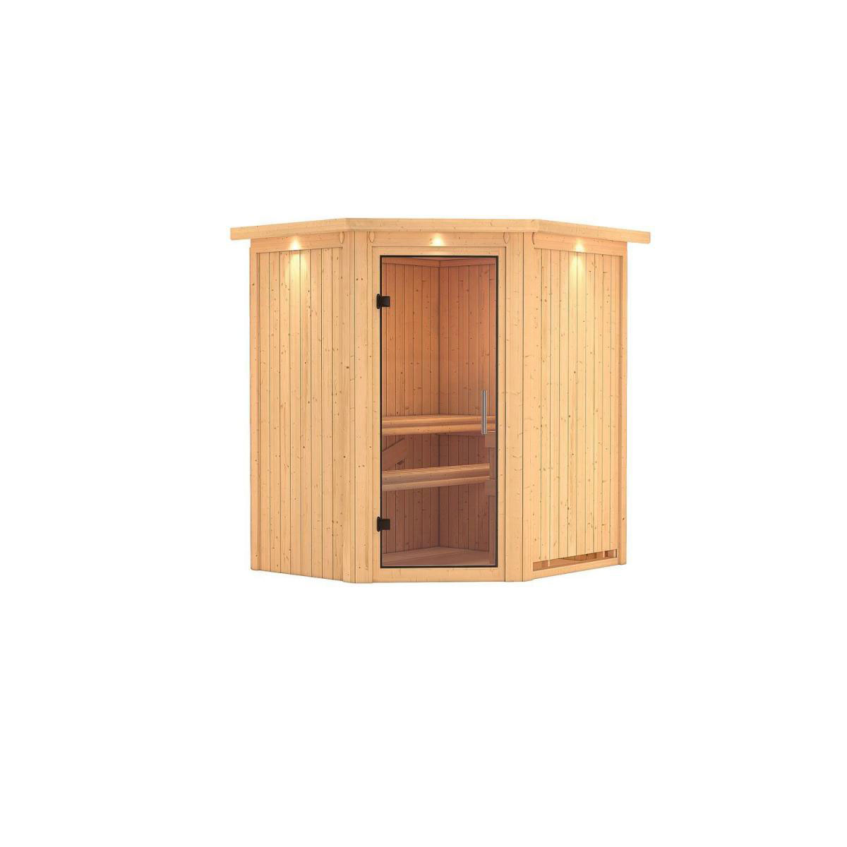 Karibu Sauna Tonja Eckeinstieg ohne Ofen mit Kranz Klarglas-Tür | Ja | ohne Ofen | Klarglastür | Ja | 222419