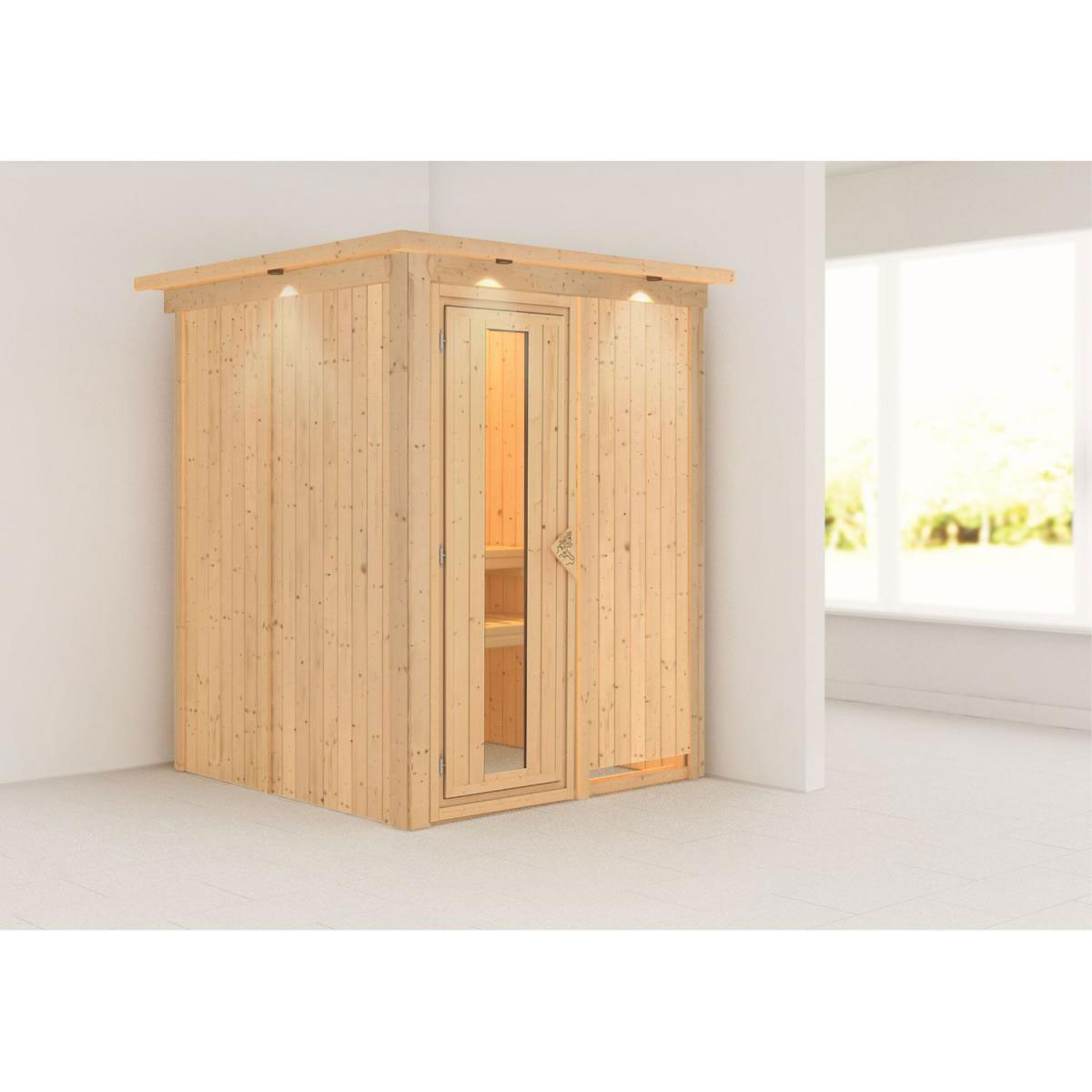 Karibu Sauna Norin Fronteinstieg ohne Zubehör mit Kranz Energiespartür | 9 kW finnisch | Energiespartür | Ja | 250004