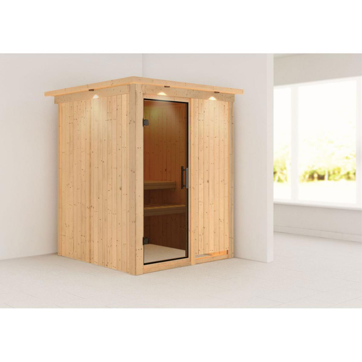 Karibu Sauna Norin Fronteinstieg ohne Zubehör mit Kranz moderne Tür | 9 kW finnisch | moderne Tür | Ja | 250012