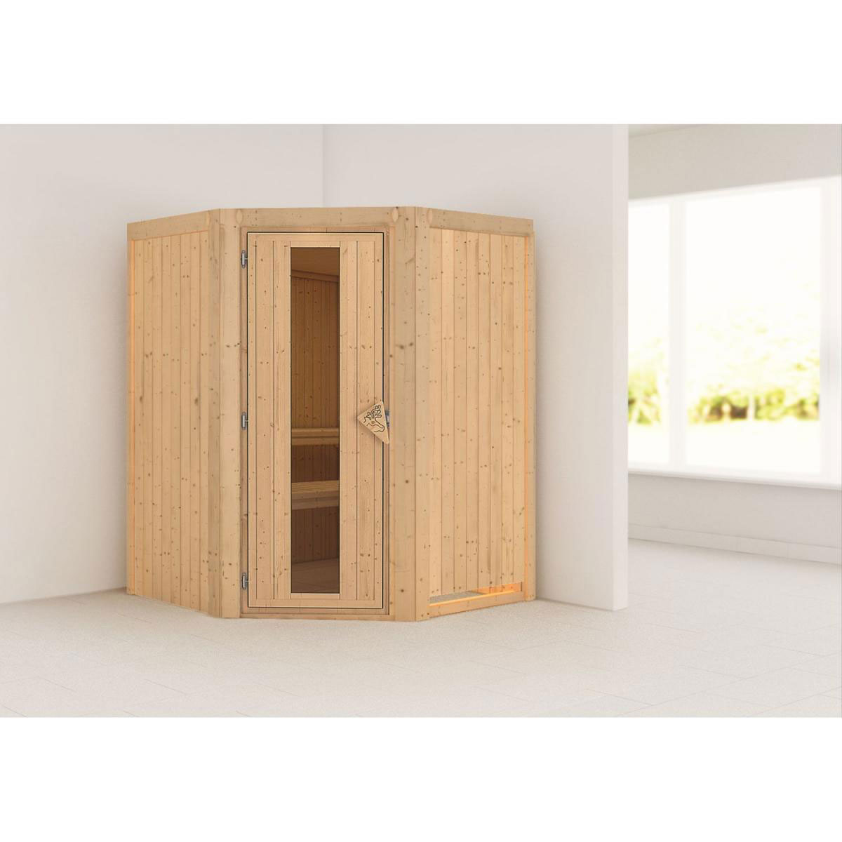 Karibu Sauna Larin Eckeinstieg Tür gedämmt ohne Kranz ohne Ofen | 9 kW finnisch | Energiespartür | Nein | 250025