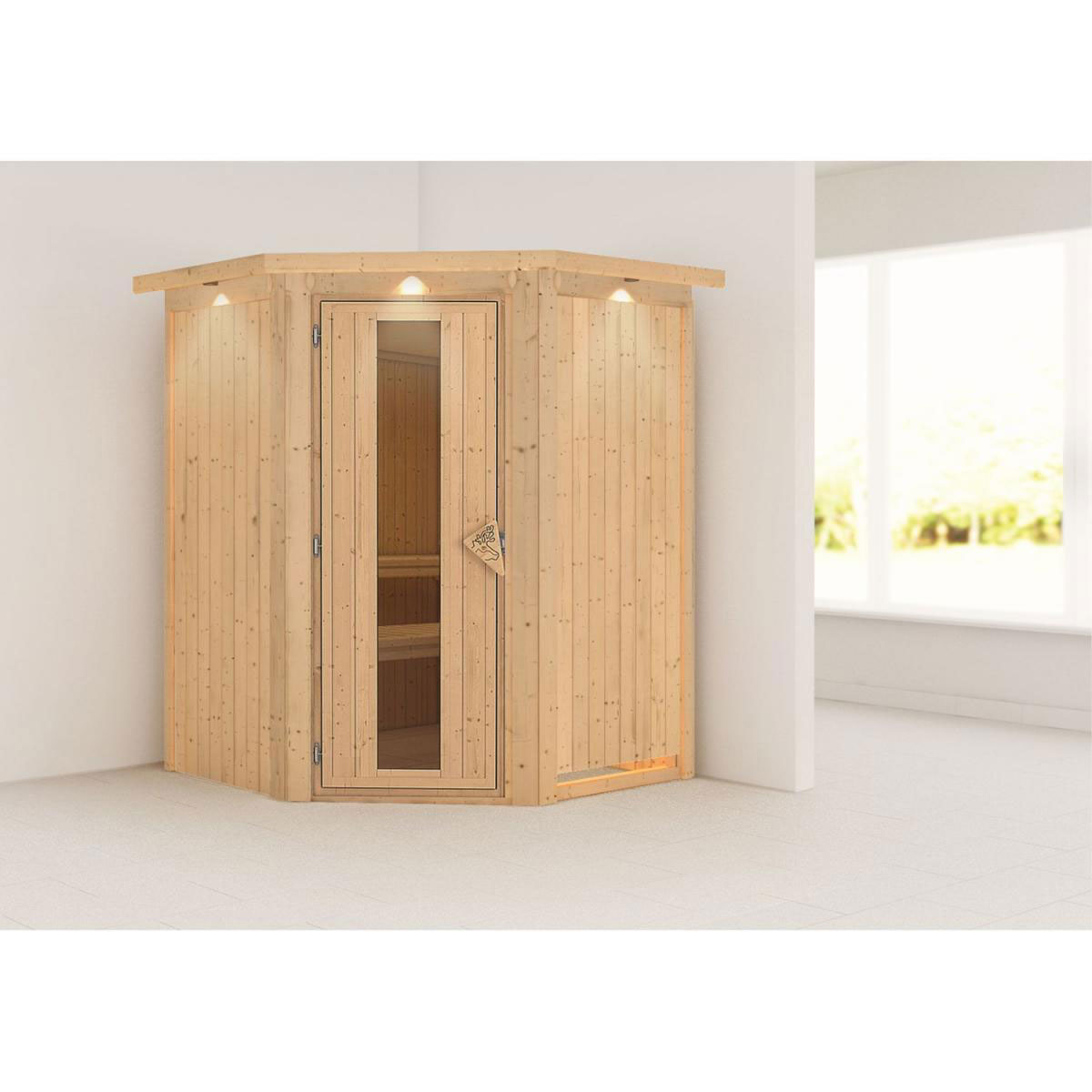 Karibu Sauna Larin Eckeinstieg Tür gedämmt mit Kranz ohne Ofen | 9 kW finnisch | Energiespartür | Ja | 250029