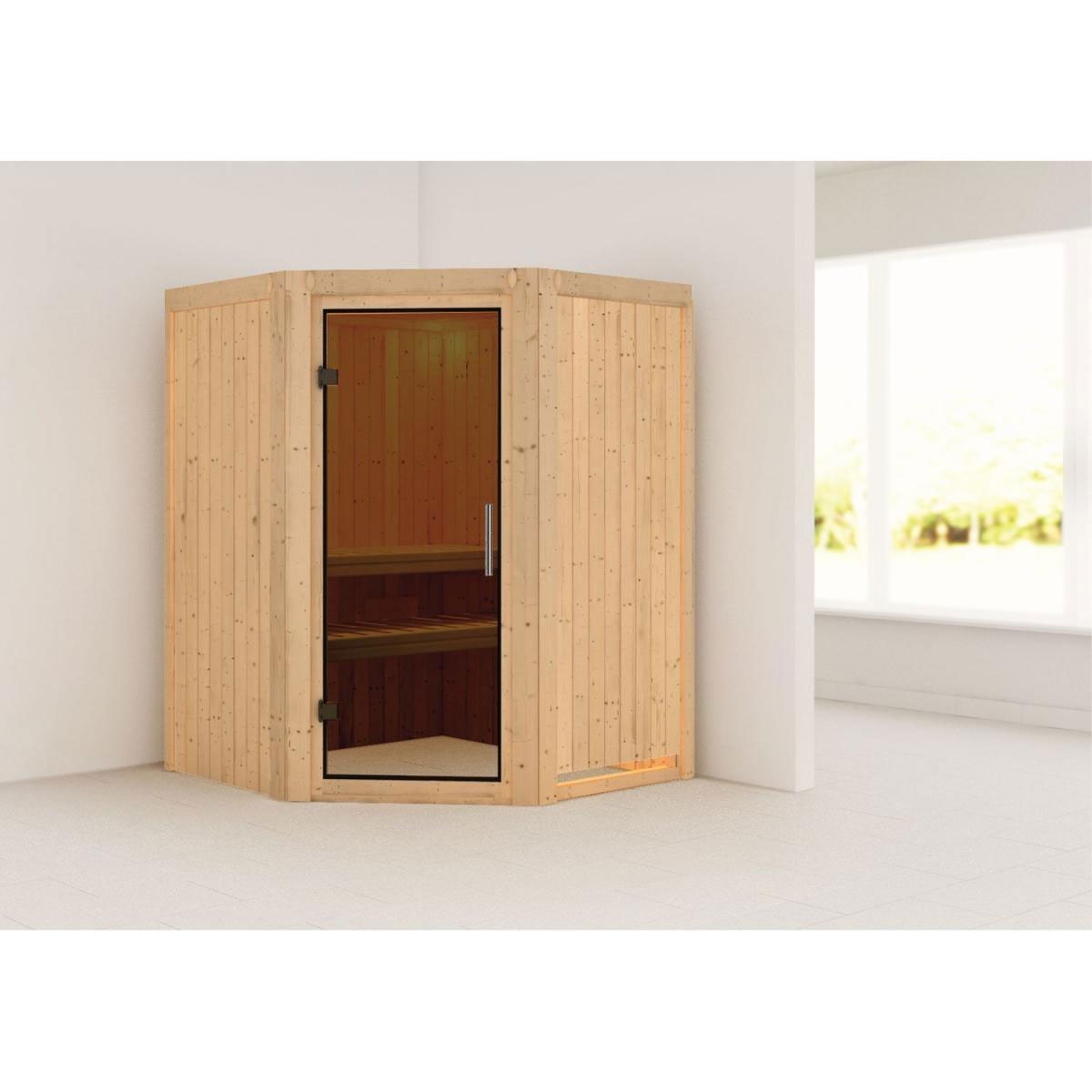 Karibu Sauna Larin Eckeinstieg ohne Ofen Tür graphit ohne Kranz | 9 kW finnisch | Graphittür | Nein | 250033