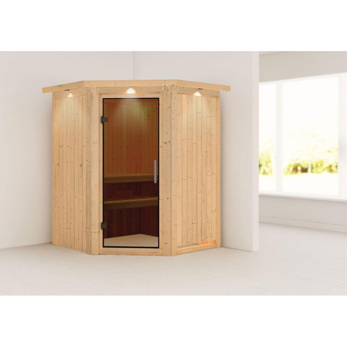 Karibu Sauna Larin Eckeinstieg ohne Ofen Tür graphit mit Kranz | 9 kW finnisch | Graphittür | Ja | 250037