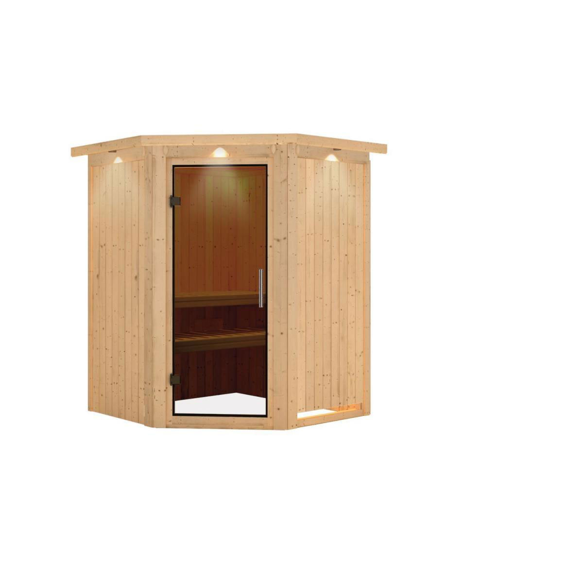 Karibu Sauna Larin Eckeinstieg ohne Ofen Tür graphit mit Kranz | 9 kW finnisch | Graphittür | Ja | 250037 – Bild 3