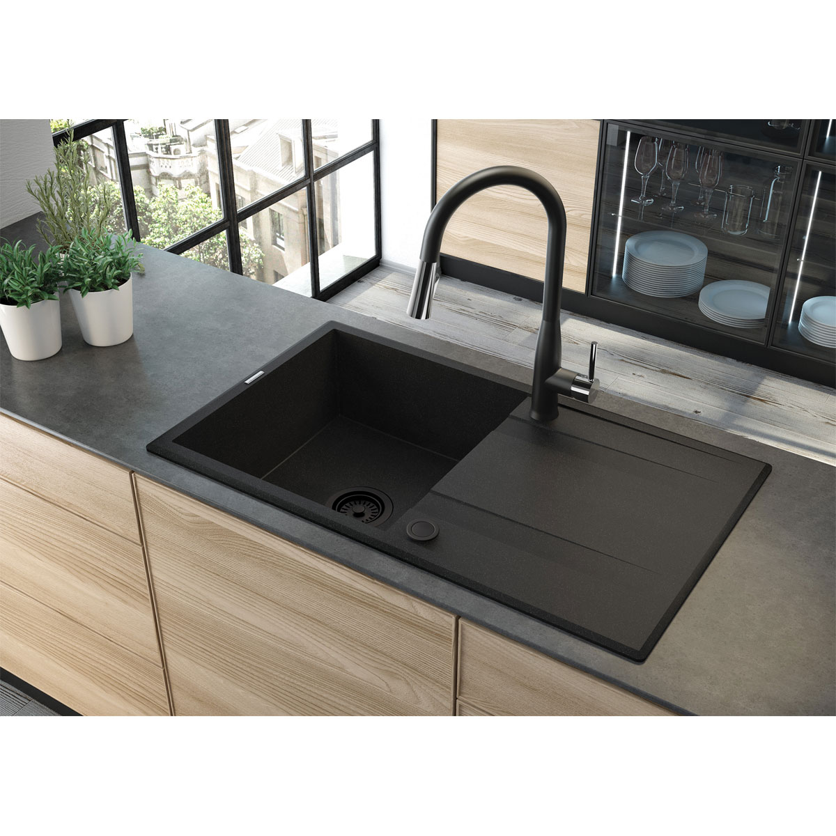 deante  1 Becken Granitspüle ERIDAN mit Abtropffläche graphit metallic | 278101